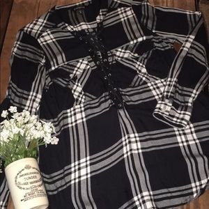 Express plaid lace up tie shirt blouse size M